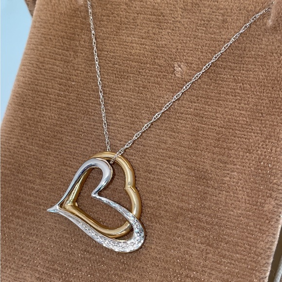 Solid 14K Yellow & White Gold Double 2 Two Hearts Pendant Neck Chain Necklace - Picture 4 of 13